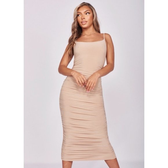 Beige Sleeveless Square Neck Ruched Bodycon Midi Dress - Picture 3 of 9